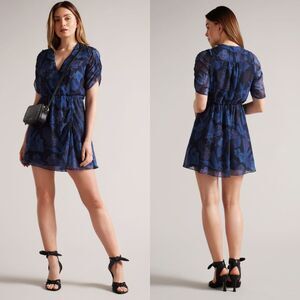Ted Baker Juleah Floral Print Ruched Mini Dress in Dark Navy | Size US 10 NWT